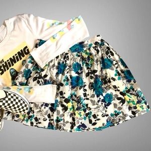 Skater Skirt with Blue Floral Pattern on a White Background- XS